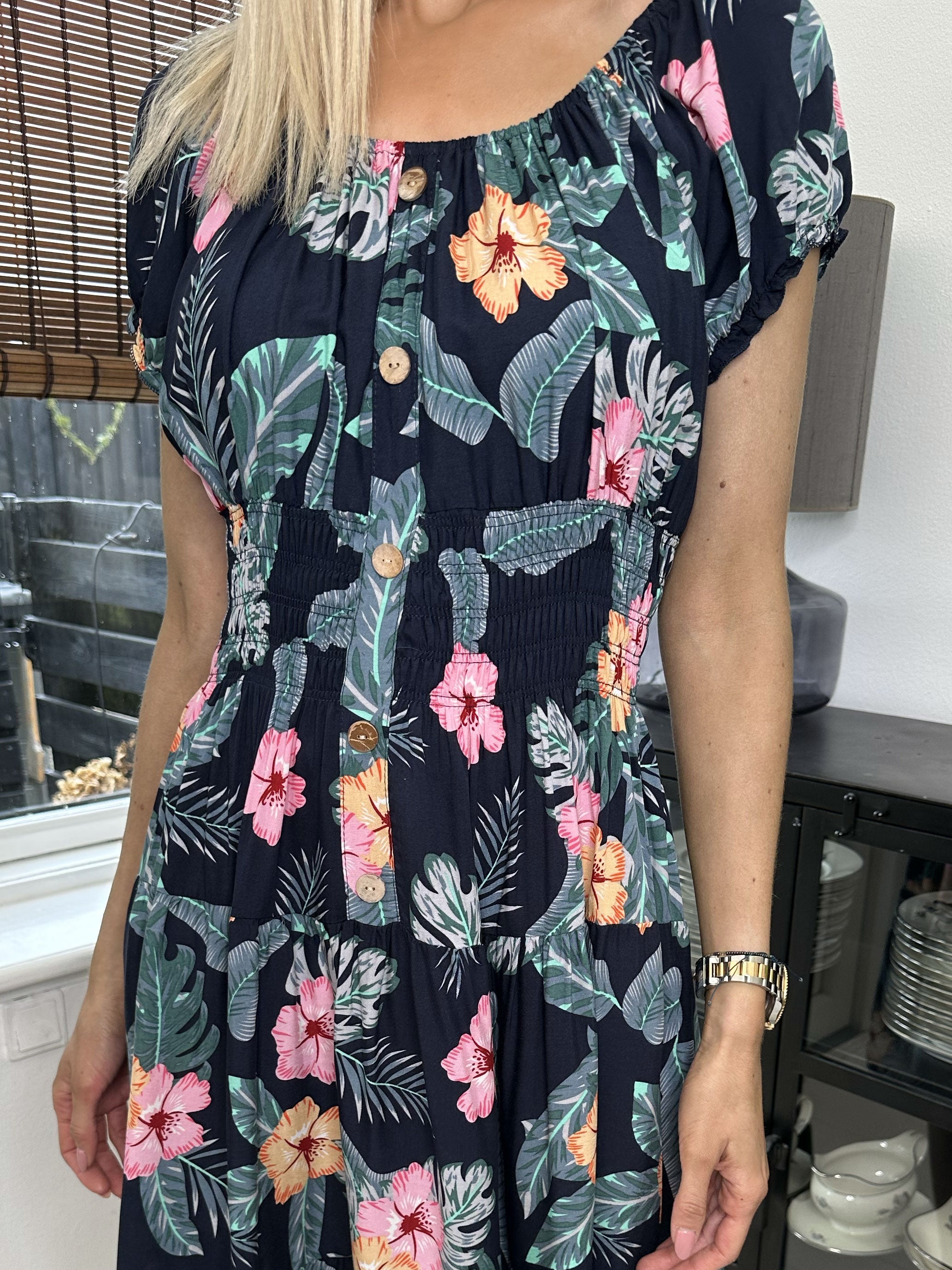 Finalia hawaii short - Söt klänning med hawaii blommor och elastisk midja